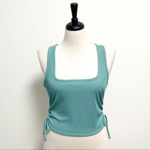 Boohoo Aqua Green Side Ruched Ribbed Sleeveless Square Neck Tank NWT 12 *Fitted*